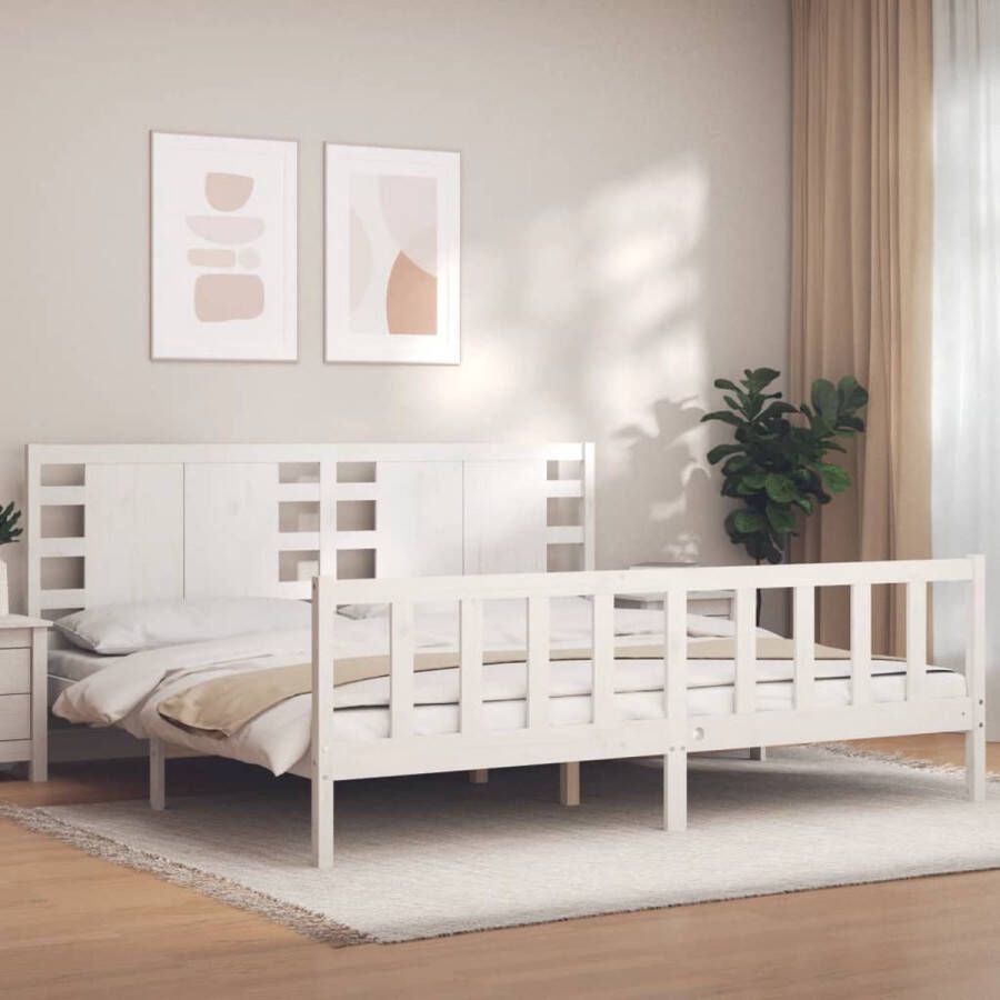 The Living Store Bedframe met hoofdbord massief hout wit 6FT Super King Bedframe Bedframes Bed Tweepersoonsbed Slaapkamermeubel Houten Bedframe Houten Bed Bedbodem Massief Houten Bedframe Ledikant Bedframe Met Hoofdeinde