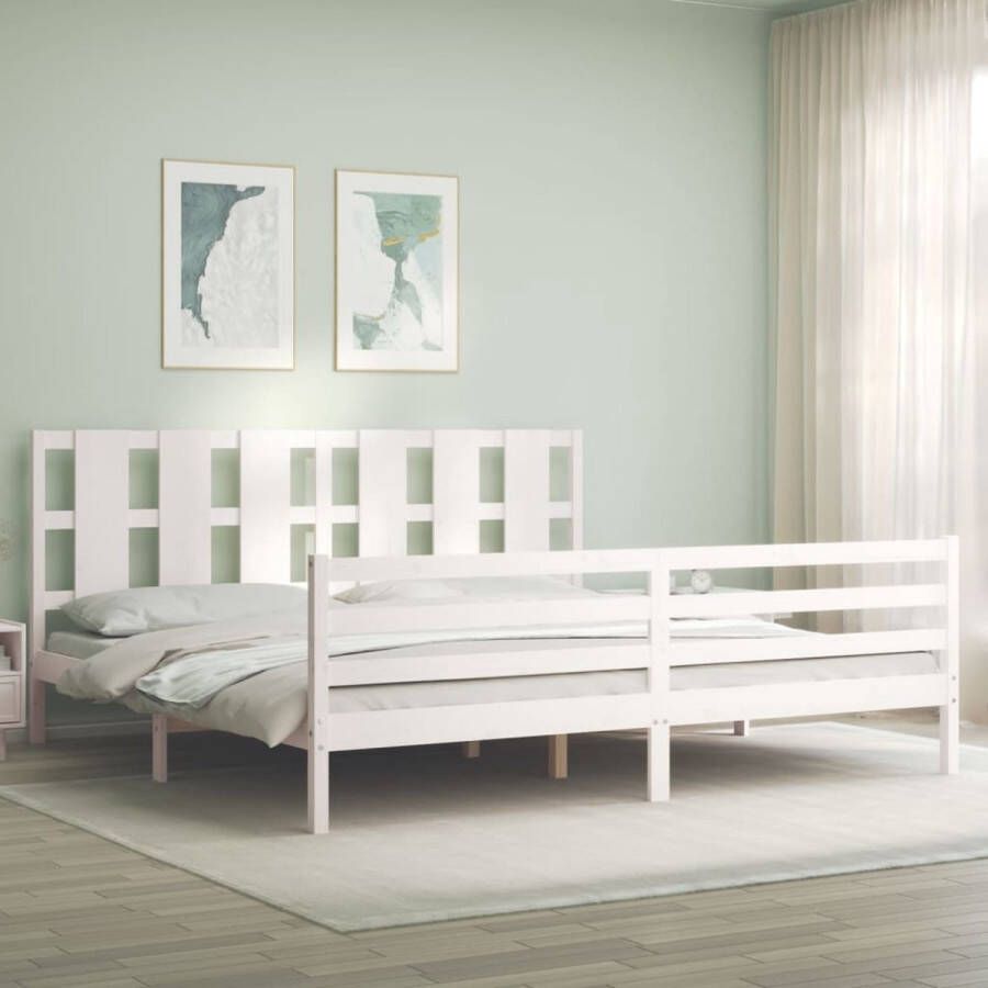 The Living Store Bedframe met hoofdbord massief hout wit 6FT Super King Bedframe Bedframes Bed Tweepersoonsbed Slaapkamermeubel Houten Bedframe Houten Bed Bedbodem Massief Houten Bedframe Ledikant Bedframe Met Hoofdeinde