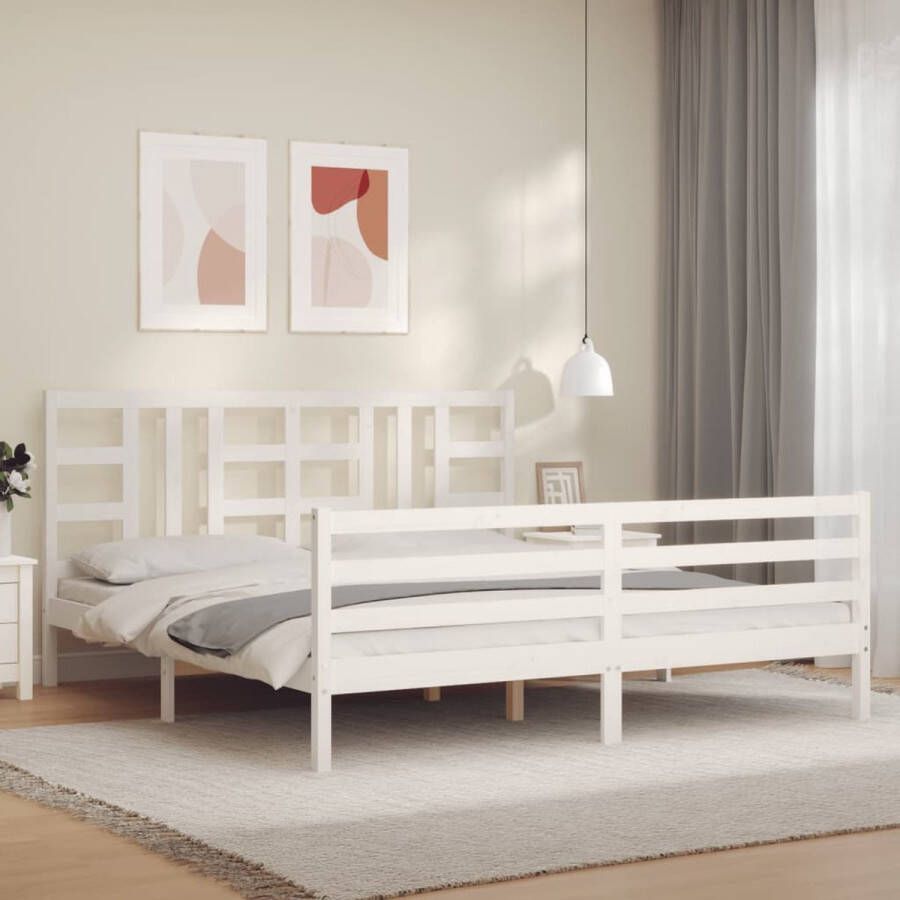 The Living Store Bedframe met hoofdbord massief hout wit 6FT Super King Bedframe Bedframes Bed Tweepersoonsbed Slaapkamermeubel Houten Bedframe Houten Bed Bedbodem Massief Houten Bedframe Ledikant Bedframe Met Hoofdeinde