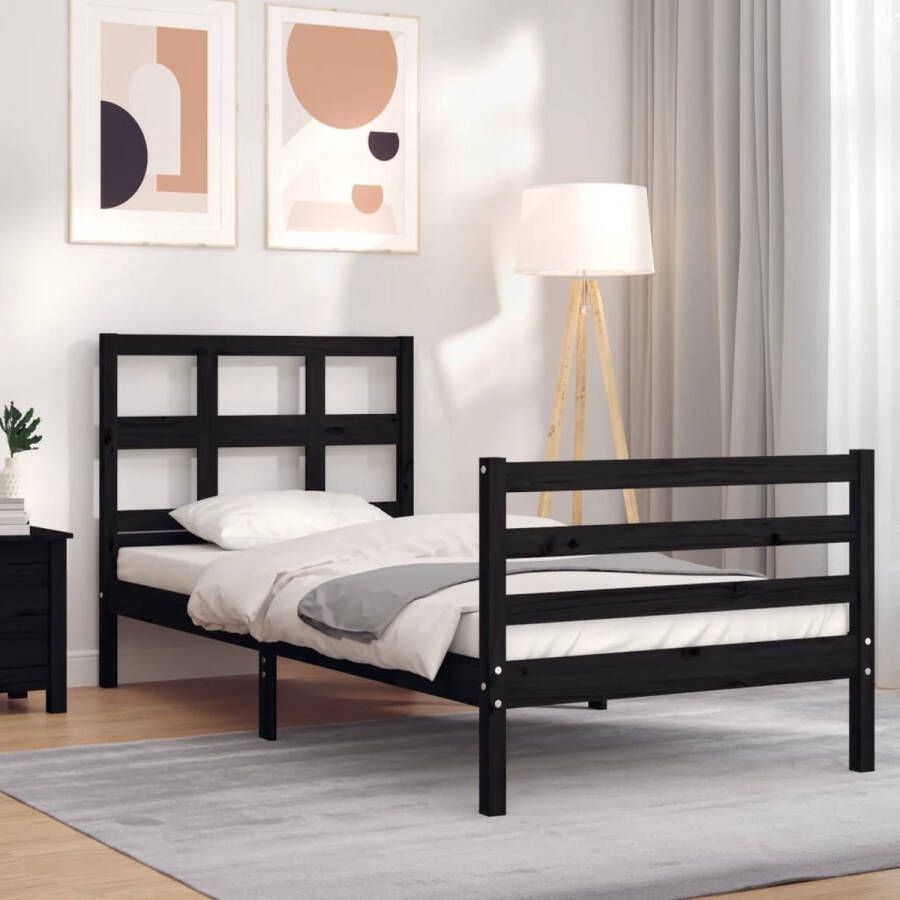 The Living Store Bedframe met hoofdbord massief hout zwart 100x200 cm Bed