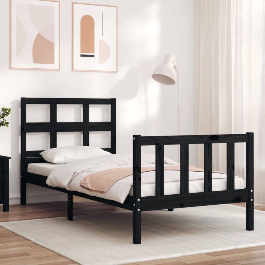 The Living Store Bedframe met hoofdbord massief hout zwart 100x200 cm Bedframe Bedframes Bed Eenpersoonsbed Slaapkamermeubel Houten Bedframe Houten Bed Bedbodem Massief Houten Bedframe Ledikant Bedframe Met Hoofdeinde