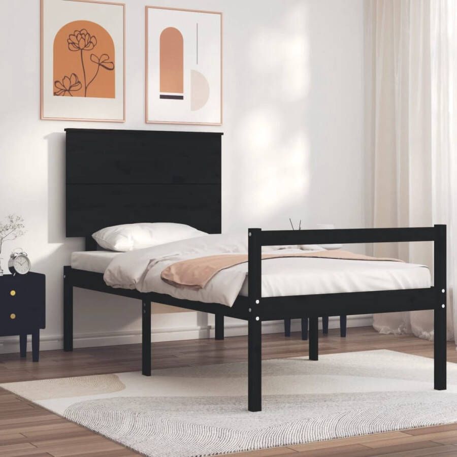 The Living Store Bedframe met hoofdbord massief hout zwart 100x200 cm Bedframe Bedframes Bed Eenpersoonsbed Slaapkamermeubel Houten Bedframe Houten Bed Bedbodem Massief Houten Bedframe Ledikant Bedframe Met Hoofdeinde