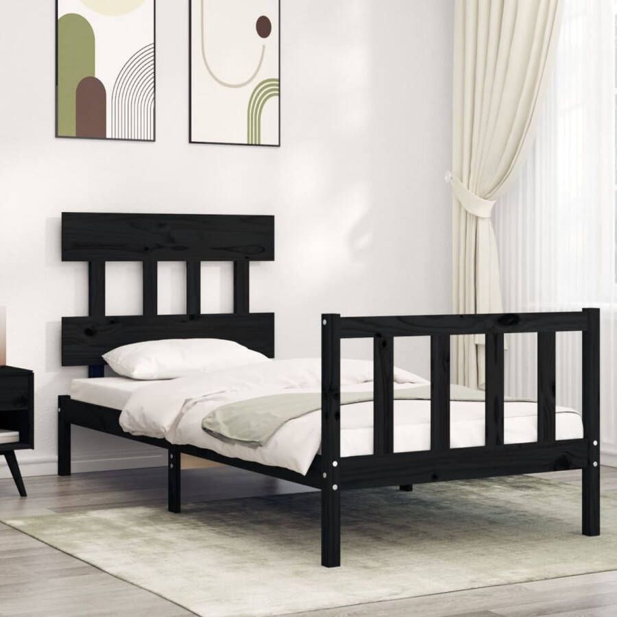 The Living Store Bedframe met hoofdbord massief hout zwart 100x200 cm Bedframe Bedframes Bed Eenpersoonsbed Slaapkamermeubel Houten Bedframe Houten Bed Bedbodem Massief Houten Bedframe Ledikant Bedframe Met Hoofdeinde