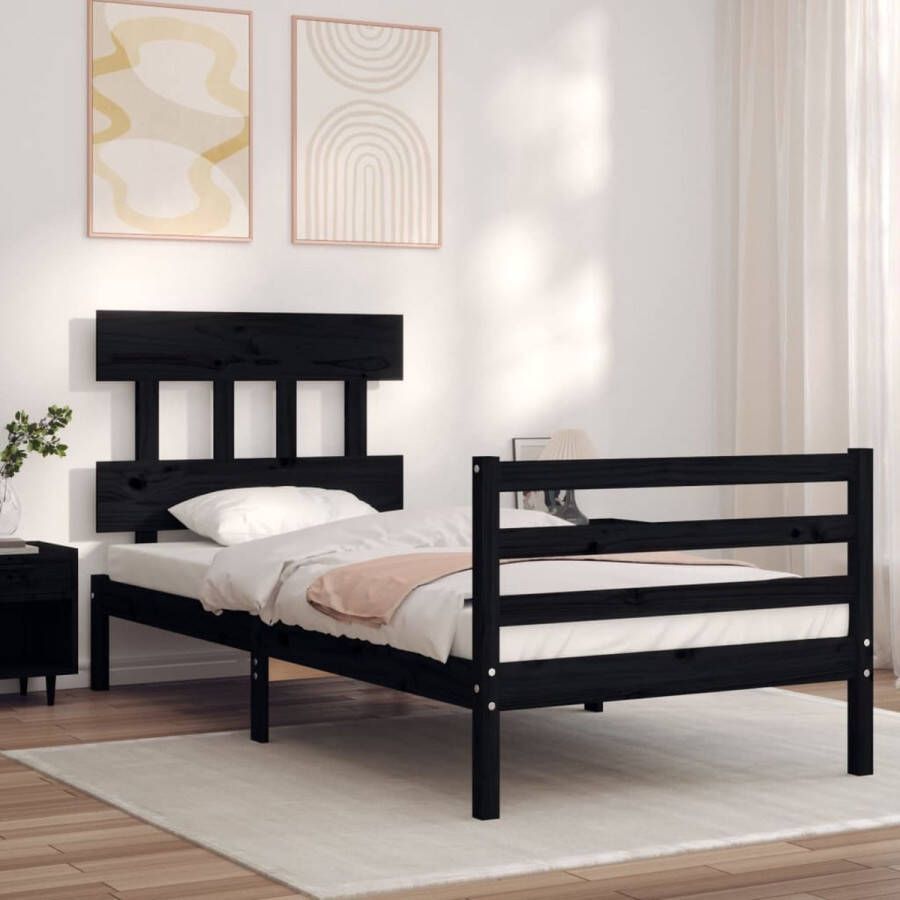 The Living Store Bedframe met hoofdbord massief hout zwart 100x200 cm Bedframe Bedframes Bed Eenpersoonsbed Slaapkamermeubel Houten Bedframe Houten Bed Bedbodem Massief Houten Bedframe Ledikant Bedframe Met Hoofdeinde