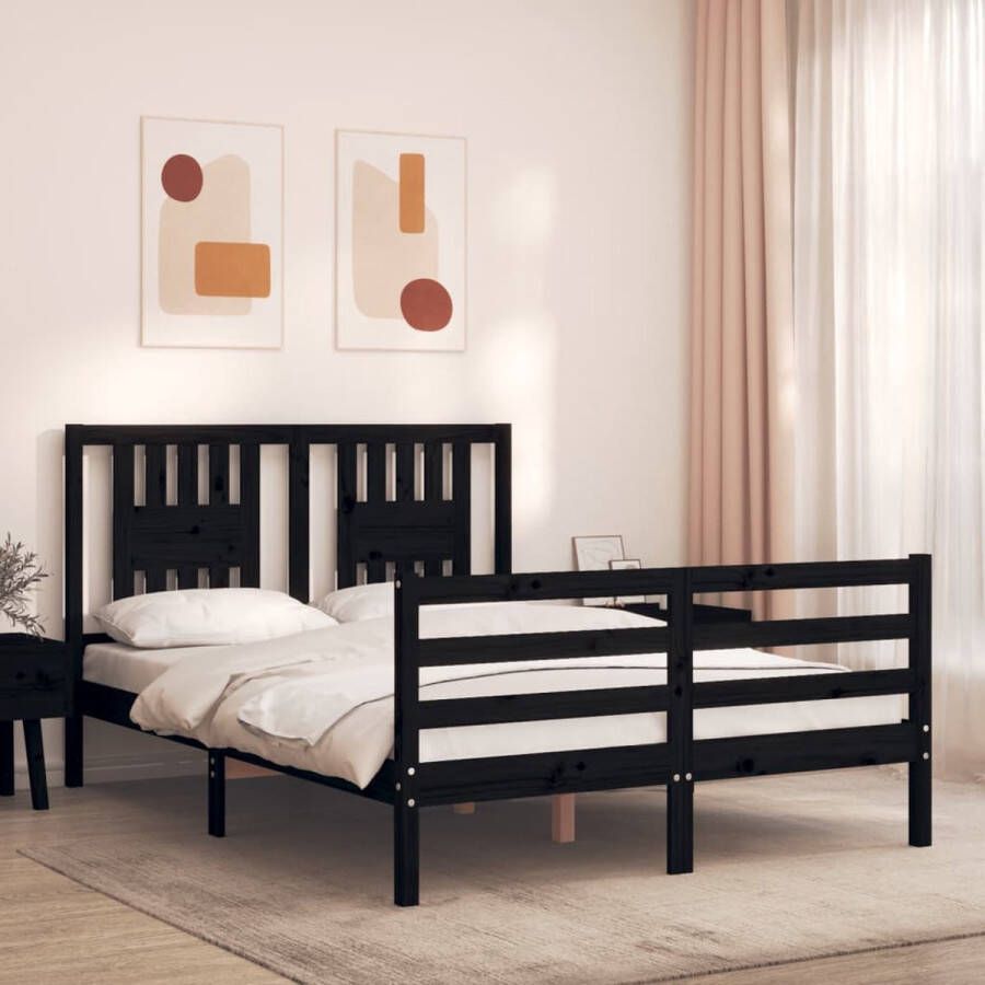 The Living Store Bedframe met hoofdbord massief hout zwart 120x200 cm Bed