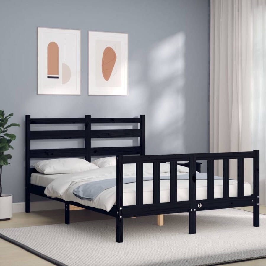 The Living Store Bedframe met hoofdbord massief hout zwart 140x190 cm Bedframe Bedframes Bed Tweepersoonsbed Slaapkamermeubel Houten Bedframe Houten Bed Bedbodem Massief Houten Bedframe Ledikant Bedframe Met Hoofdeinde