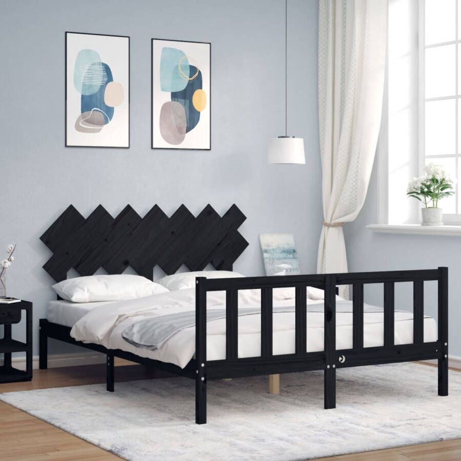 The Living Store Bedframe met hoofdbord massief hout zwart 140x190 cm Bedframe Bedframes Bed Tweepersoonsbed Slaapkamermeubel Houten Bedframe Houten Bed Bedbodem Massief Houten Bedframe Ledikant Bedframe Met Hoofdeinde