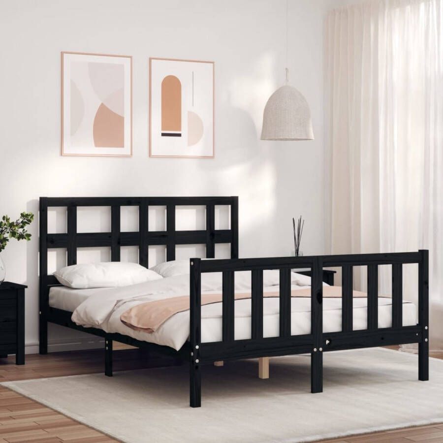 The Living Store Bedframe met hoofdbord massief hout zwart 140x200 cm Bedframe Bedframes Bed Tweepersoonsbed Slaapkamermeubel Houten Bedframe Houten Bed Bedbodem Massief Houten Bedframe Ledikant Bedframe Met Hoofdeinde