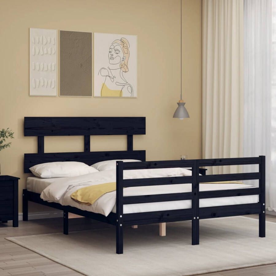 The Living Store Bedframe met hoofdbord massief hout zwart 140x200 cm Bedframe Bedframes Bed Tweepersoonsbed Slaapkamermeubel Houten Bedframe Houten Bed Bedbodem Massief Houten Bedframe Ledikant Bedframe Met Hoofdeinde
