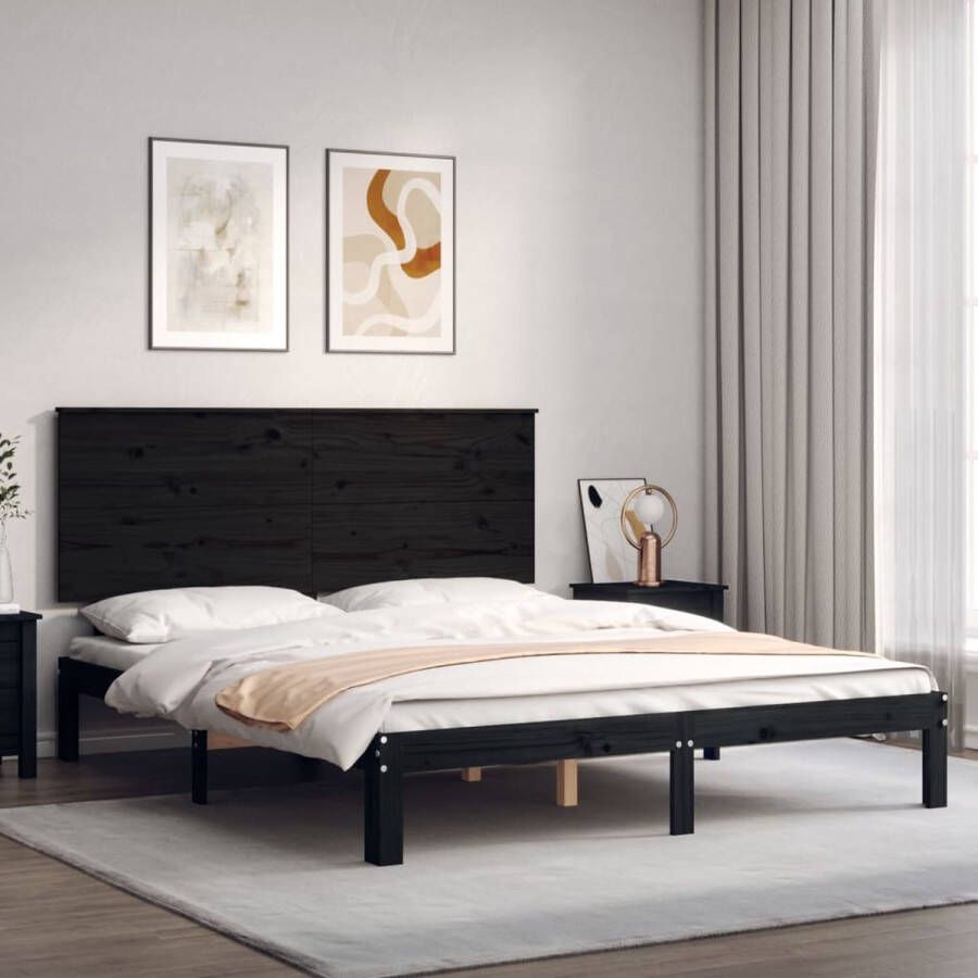 The Living Store Massief Grenenhouten Bedframe Zwart 203.5 x 163.5 x 82.5 cm Multiplex lattenbodem