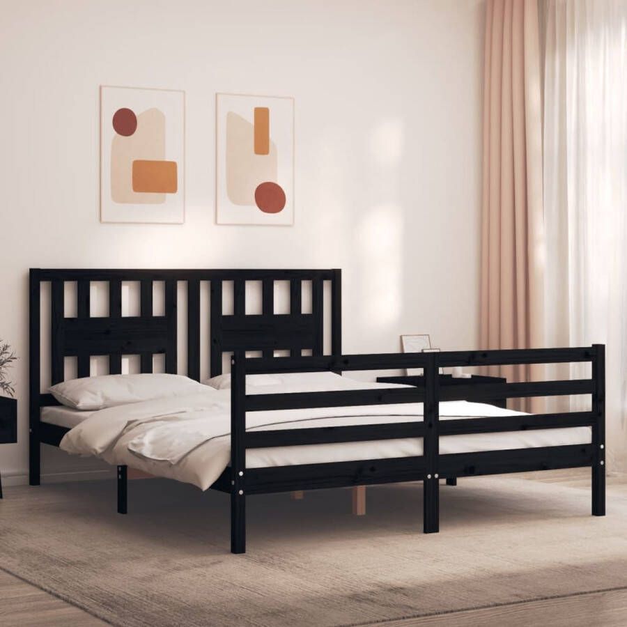 The Living Store Bedframe met hoofdbord massief hout zwart 160x200 cm Bed