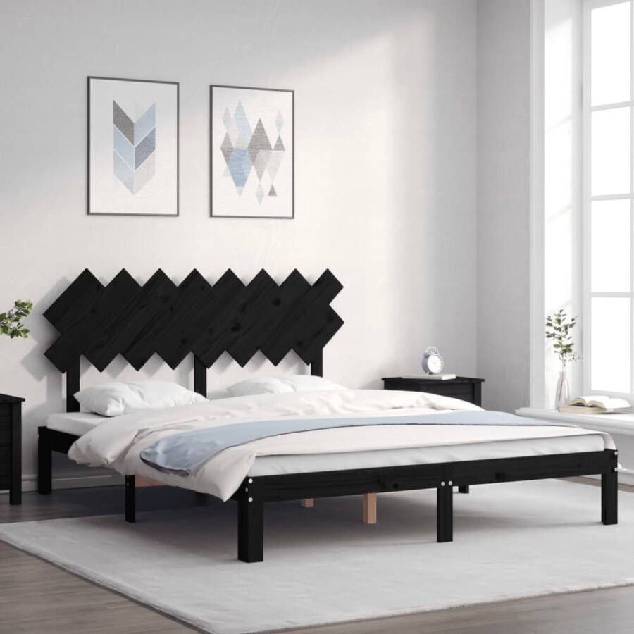 The Living Store Bedframe met hoofdbord massief hout zwart 160x200 cm Bed