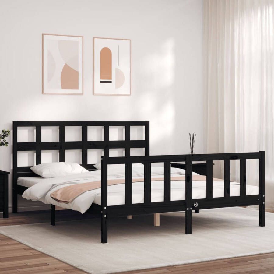 The Living Store Bedframe met hoofdbord massief hout zwart 160x200 cm Bedframe Bedframes Bed Tweepersoonsbed Slaapkamermeubel Houten Bedframe Houten Bed Bedbodem Massief Houten Bedframe Ledikant Bedframe Met Hoofdeinde
