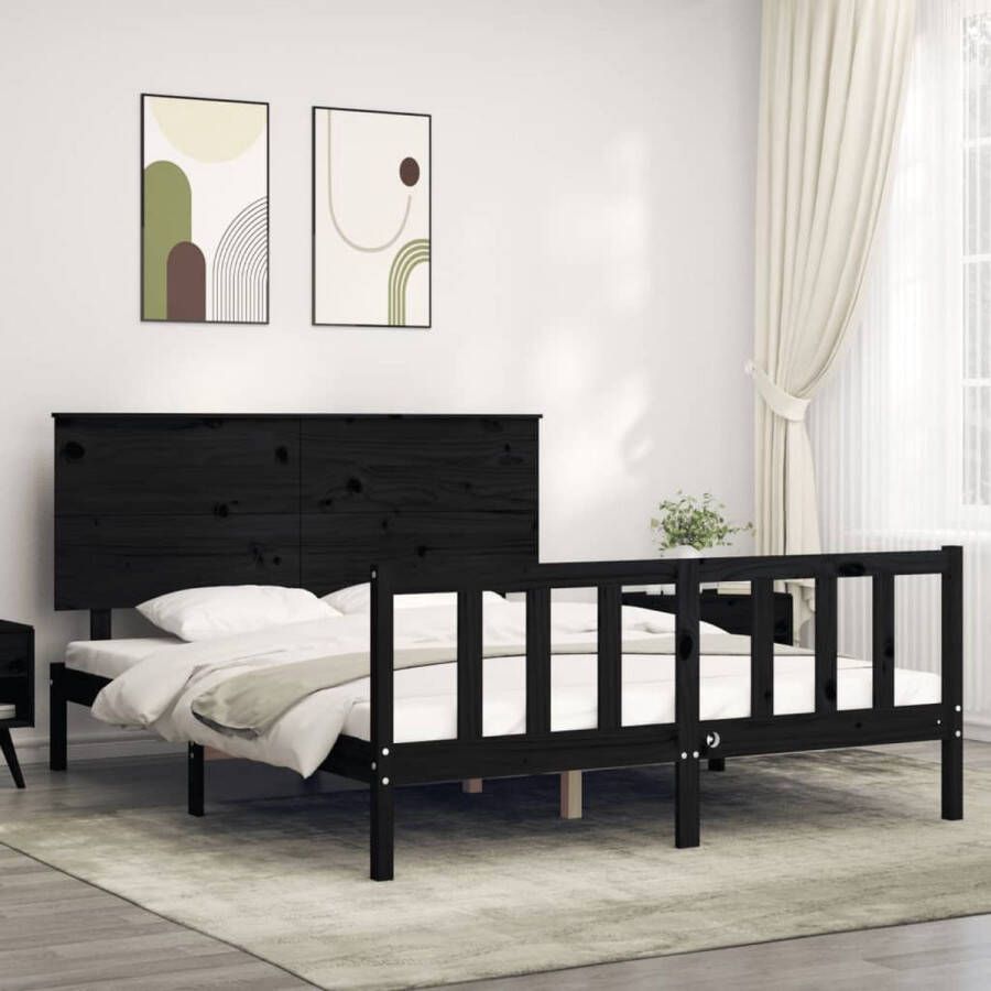 The Living Store Bedframe met hoofdbord massief hout zwart 160x200 cm Bedframe Bedframes Bed Tweepersoonsbed Slaapkamermeubel Houten Bedframe Houten Bed Bedbodem Massief Houten Bedframe Ledikant Bedframe Met Hoofdeinde