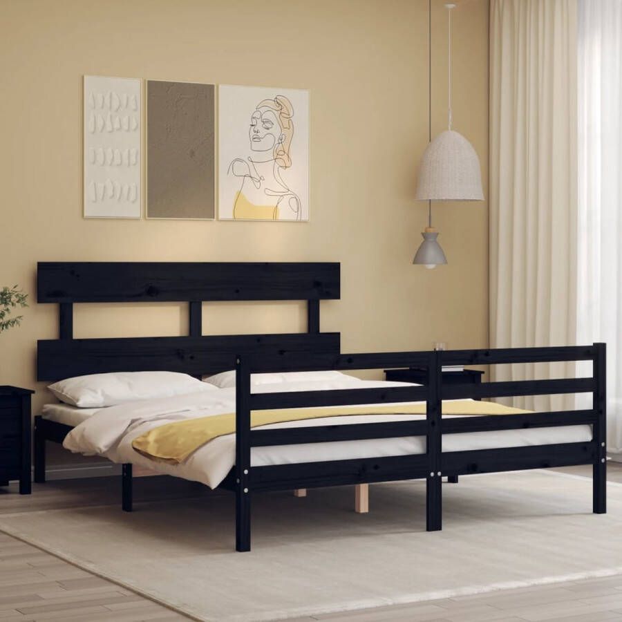 The Living Store Bedframe met hoofdbord massief hout zwart 160x200 cm Bedframe Bedframes Bed Tweepersoonsbed Slaapkamermeubel Houten Bedframe Houten Bed Bedbodem Massief Houten Bedframe Ledikant Bedframe Met Hoofdeinde - Foto 2