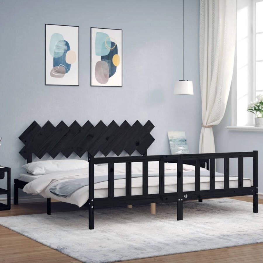 The Living Store Bedframe met hoofdbord massief hout zwart 200x200 cm Bedframe Bedframes Bed Tweepersoonsbed Slaapkamermeubel Houten Bedframe Houten Bed Bedbodem Massief Houten Bedframe Ledikant Bedframe Met Hoofdeinde