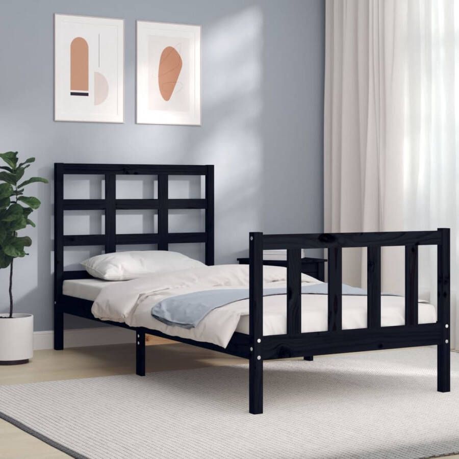 The Living Store Bedframe met hoofdbord massief hout zwart 2FT6 Small Single Bed