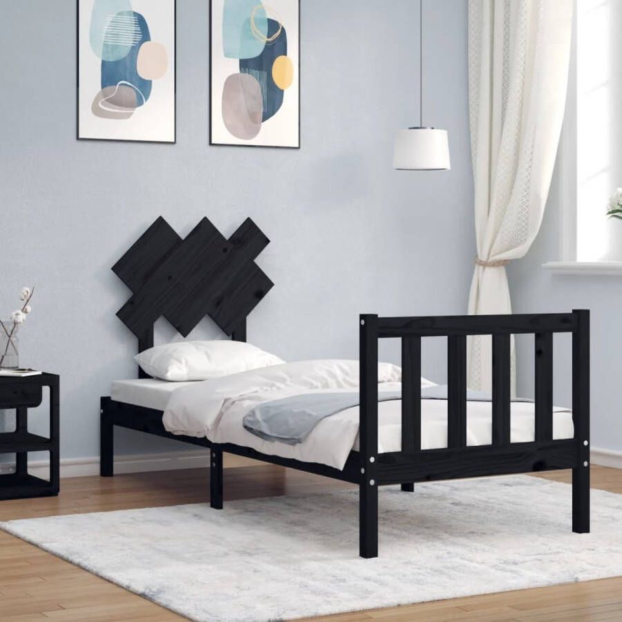 The Living Store Bedframe met hoofdbord massief hout zwart 2FT6 Small Single Bedframe Bedframes Bed Eenpersoonsbed Slaapkamermeubel Houten Bedframe Houten Bed Bedbodem Massief Houten Bedframe Ledikant Bedframe Met Hoofdeinde