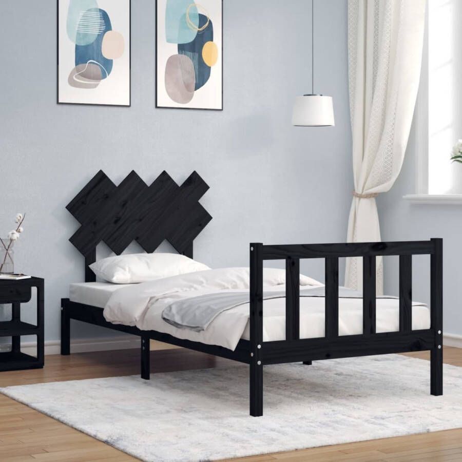 The Living Store Bedframe met hoofdbord massief hout zwart 3FT Single Bedframe Bedframes Bed Eenpersoonsbed Slaapkamermeubel Houten Bedframe Houten Bed Bedbodem Massief Houten Bedframe Ledikant Bedframe Met Hoofdeinde