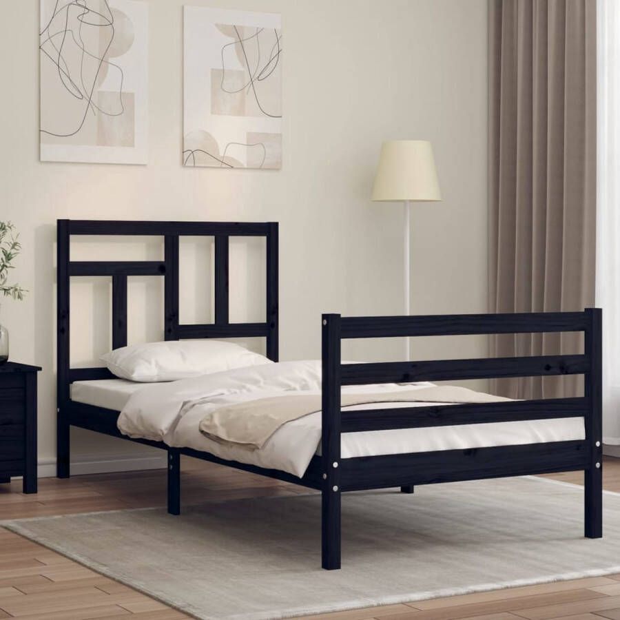 The Living Store Bedframe met hoofdbord massief hout zwart 3FT Single Bed