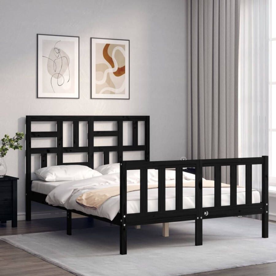 The Living Store Bedframe met hoofdbord massief hout zwart 4FT Small Double Bedframe Bedframes Bed Tweepersoonsbed Slaapkamermeubel Houten Bedframe Houten Bed Bedbodem Massief Houten Bedframe Ledikant Bedframe Met Hoofdeinde