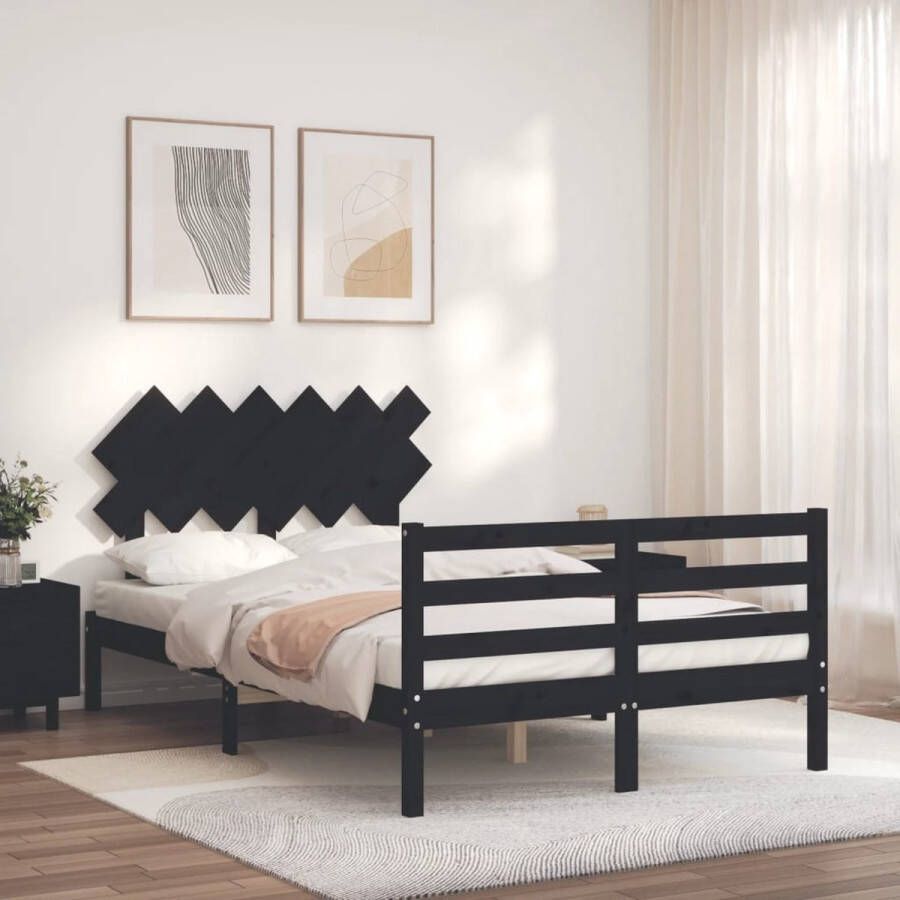 The Living Store Bedframe met hoofdbord massief hout zwart 4FT6 Double Bedframe Bedframes Bed Tweepersoonsbed Slaapkamermeubel Houten Bedframe Houten Bed Bedbodem Massief Houten Bedframe Ledikant Bedframe Met Hoofdeinde