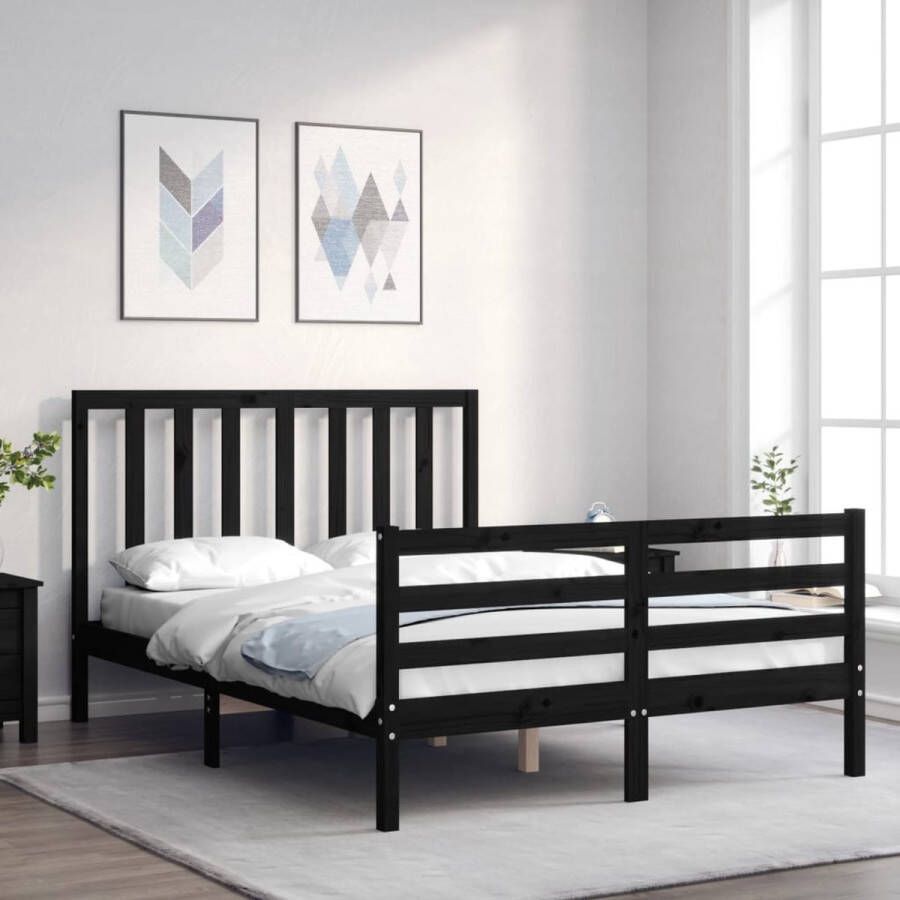 The Living Store Bedframe met hoofdbord massief hout zwart 4FT6 Double Bed