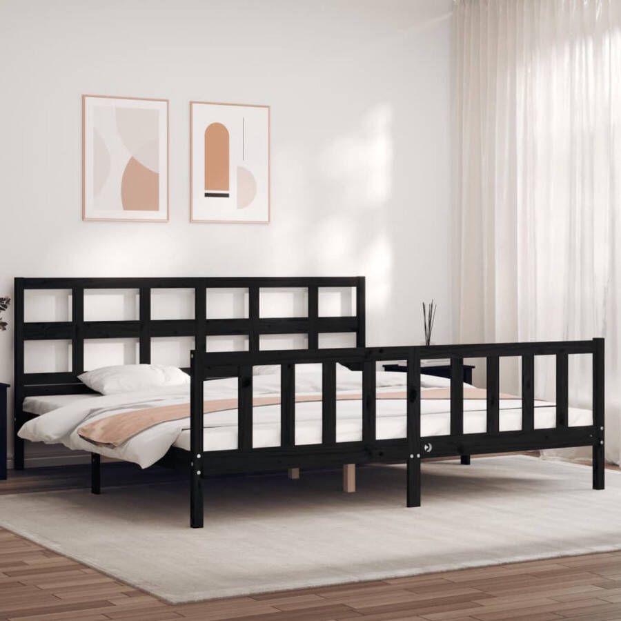 The Living Store Bedframe met hoofdbord massief hout zwart 6FT Super King Bedframe Bedframes Bed Tweepersoonsbed Slaapkamermeubel Houten Bedframe Houten Bed Bedbodem Massief Houten Bedframe Ledikant Bedframe Met Hoofdeinde