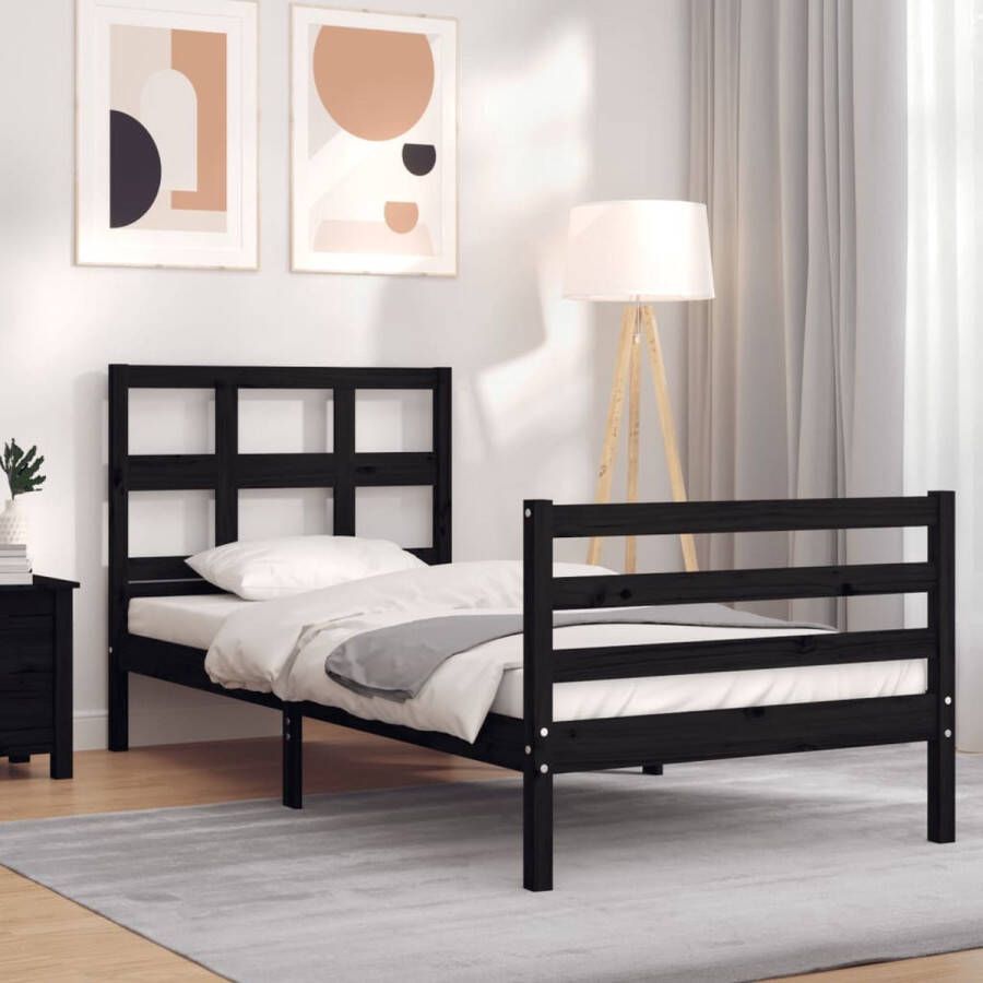 The Living Store Bedframe met hoofdbord massief hout zwart 90x200 cm Bed