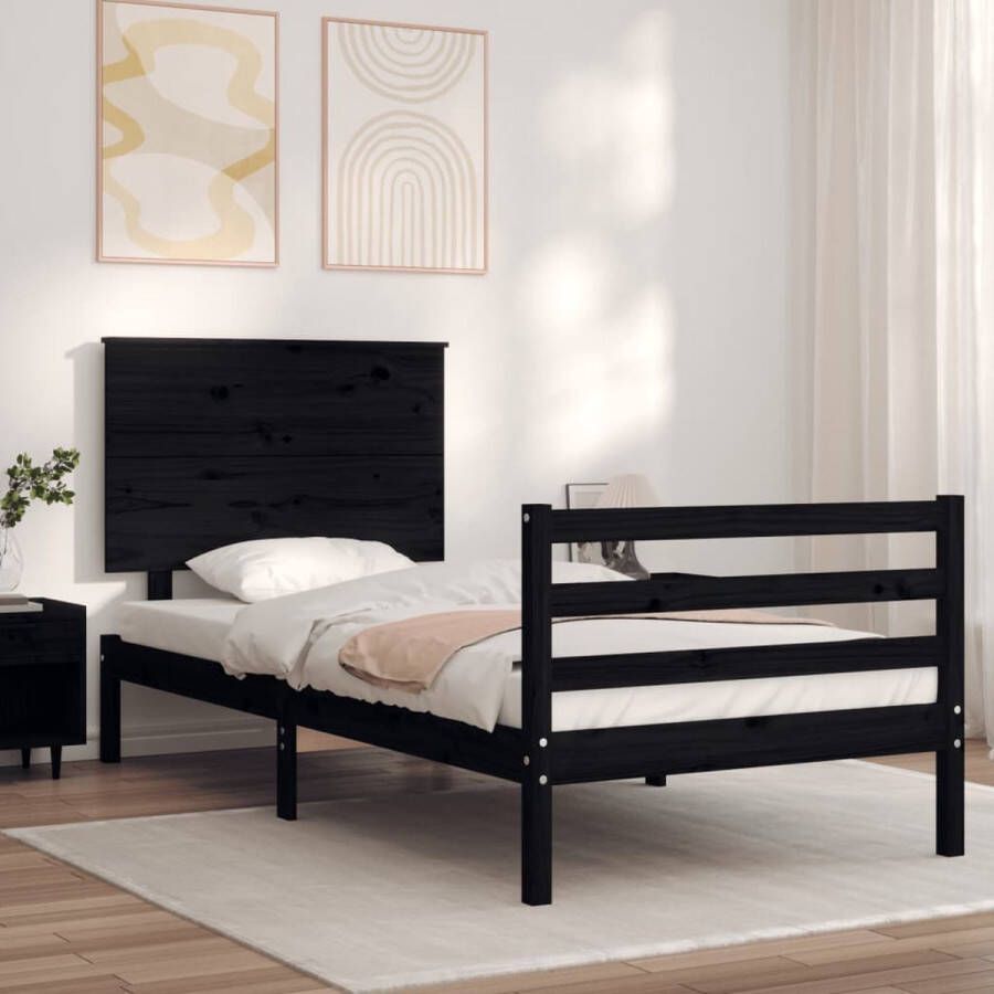 The Living Store Bedframe met hoofdbord massief hout zwart 90x200 cm Bedframe Bedframes Bed Eenpersoonsbed Slaapkamermeubel Houten Bedframe Houten Bed Bedbodem Massief Houten Bedframe Ledikant Bedframe Met Hoofdeinde