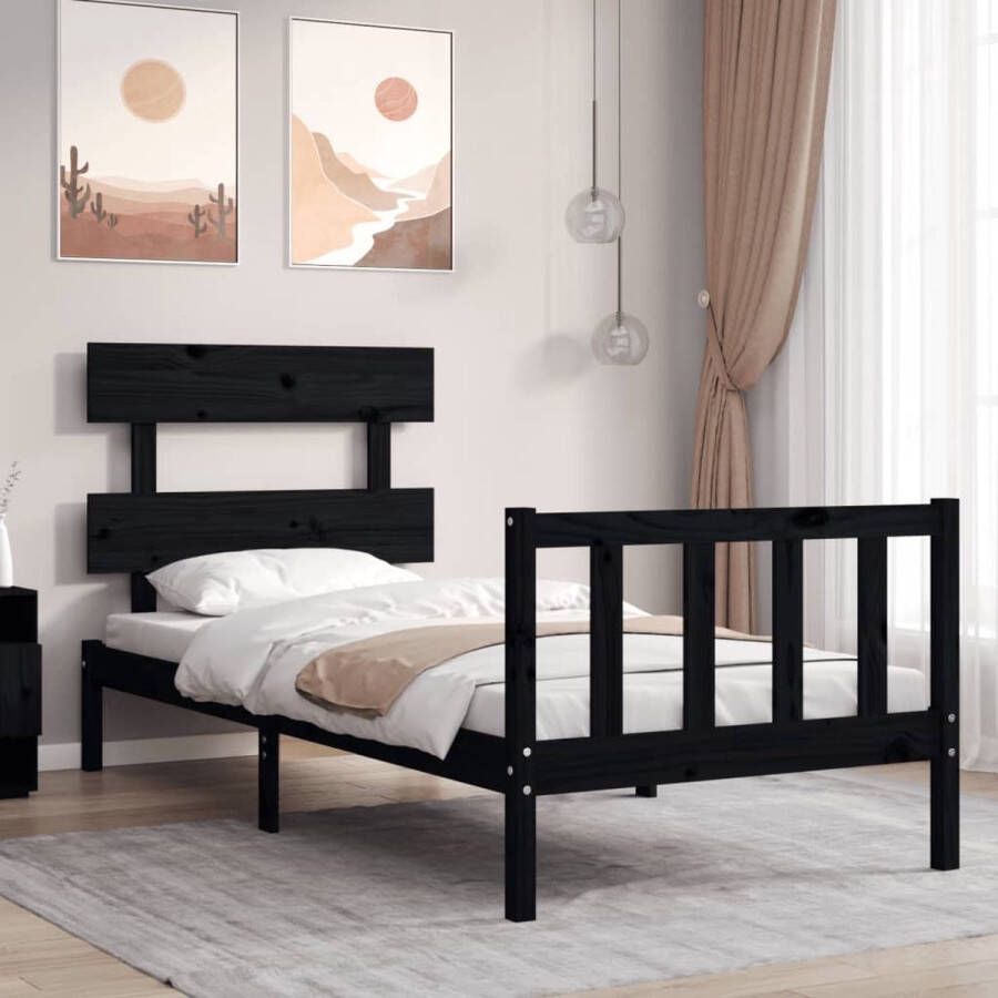 The Living Store Bedframe met hoofdbord massief hout zwart 90x200 cm Bed