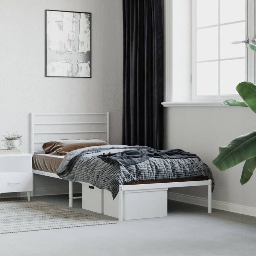 The Living Store Bedframe met hoofdbord metaal wit 107x203 cm Bed