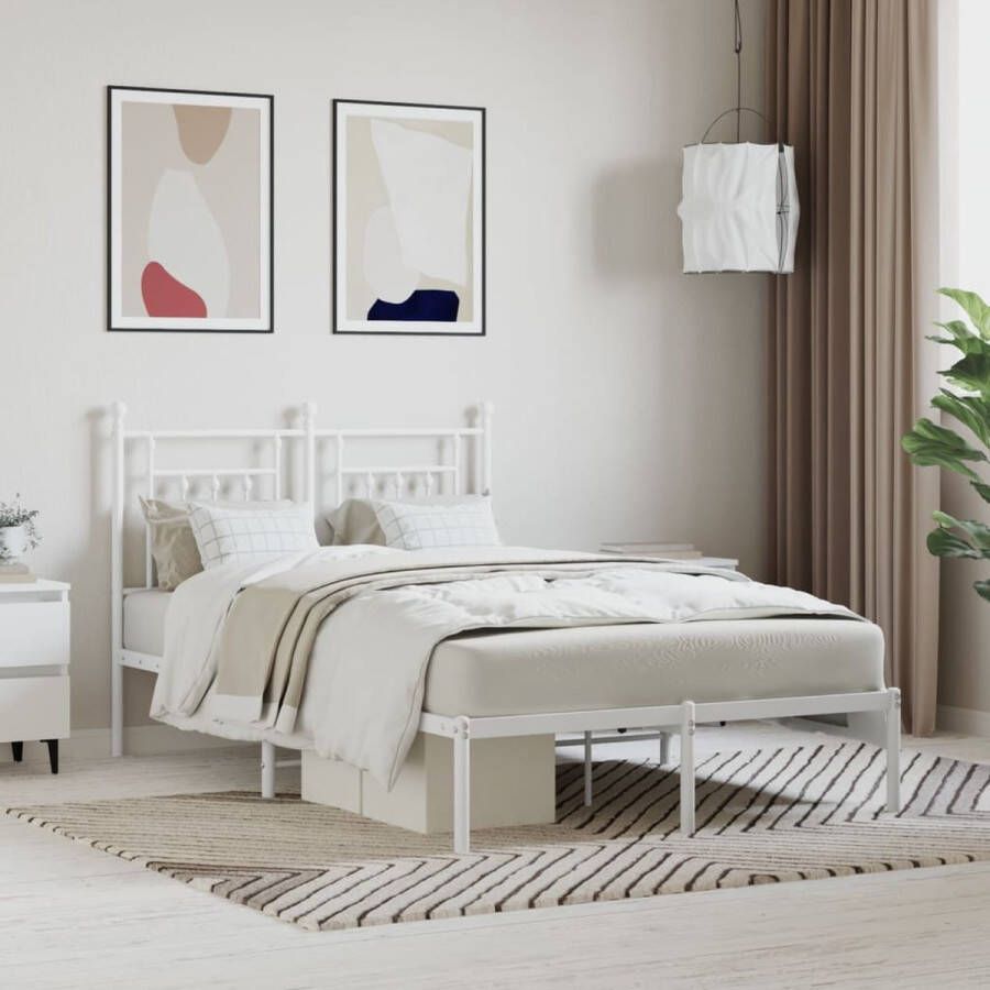 The Living Store Bedframe met hoofdbord metaal wit 135x190 cm Bed