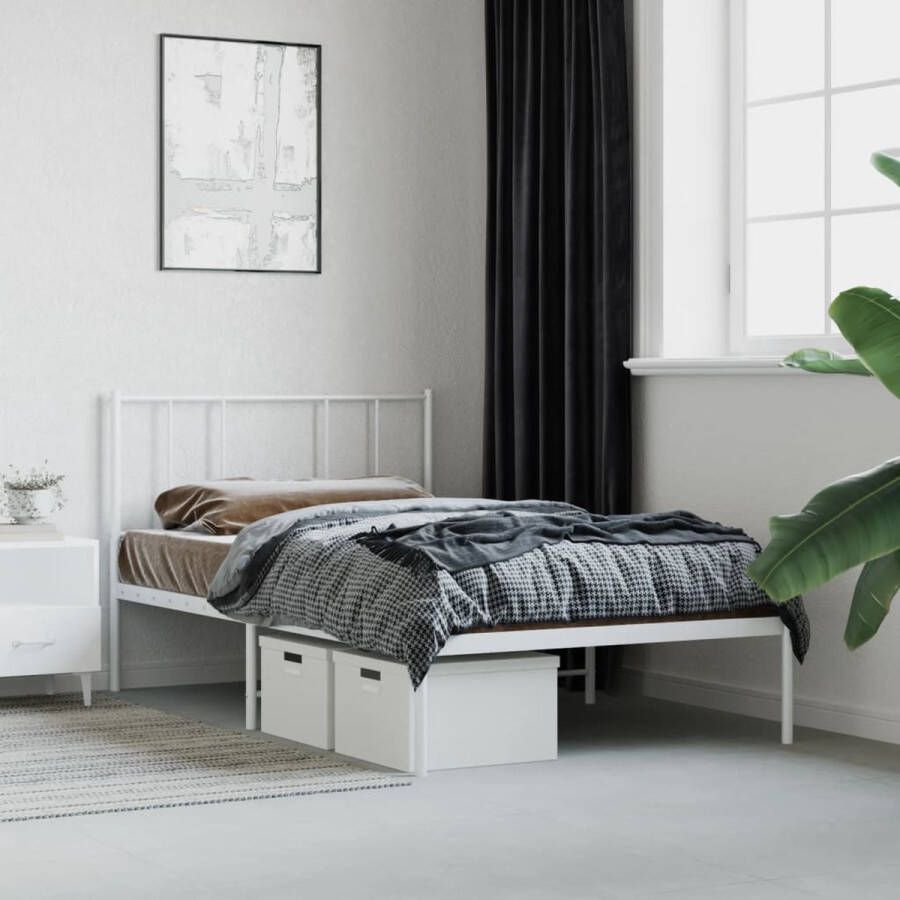 The Living Store Bedframe met hoofdbord metaal wit 75 x 190 cm Bed