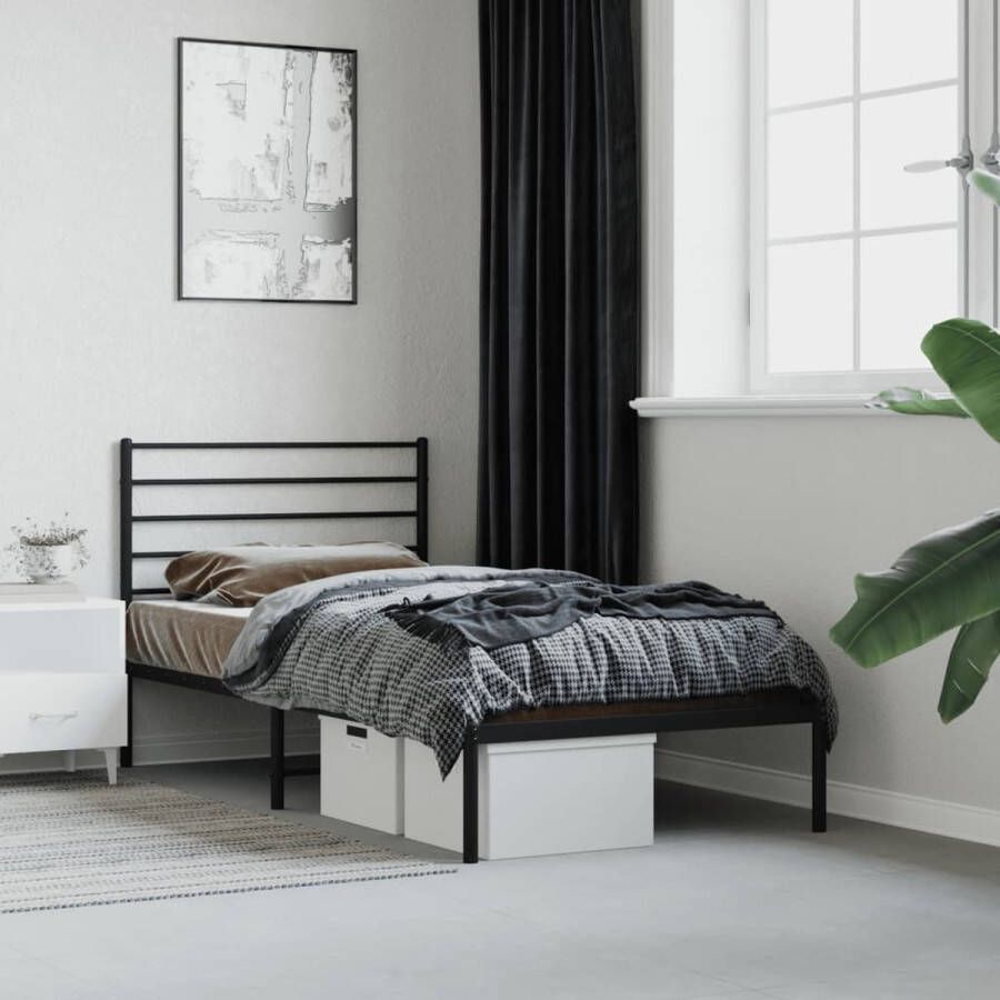 The Living Store Bedframe met hoofdbord metaal zwart 100x190 cm Bed