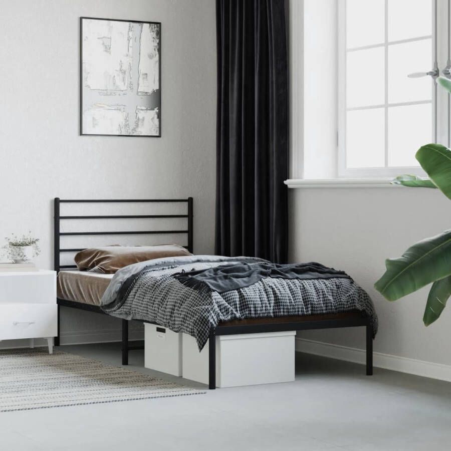 The Living Store Bedframe met hoofdbord metaal zwart 100x200 cm Bed