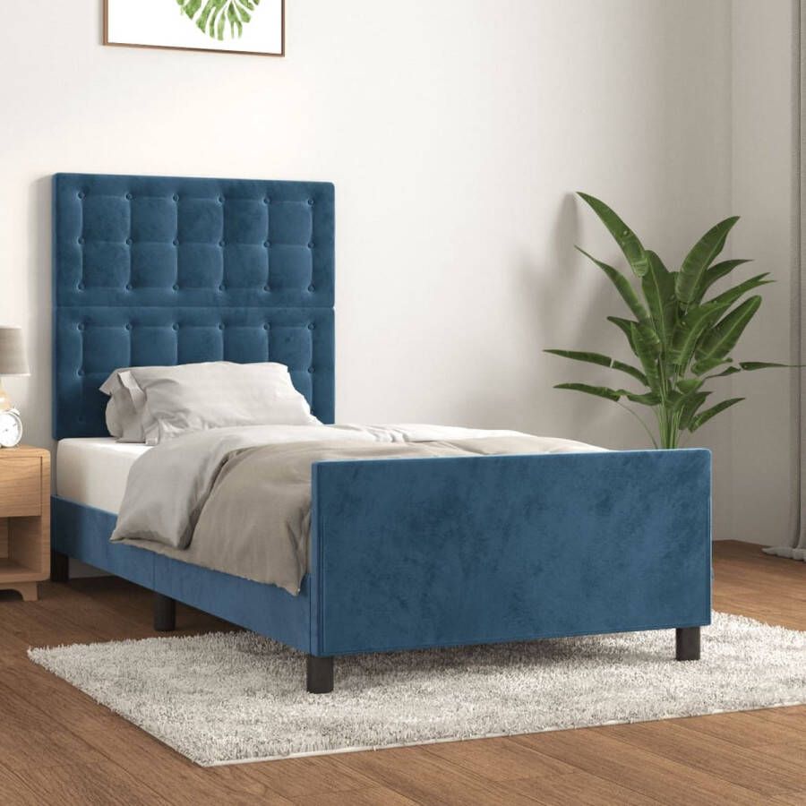 The Living Store Bedframe met hoofdeinde fluweel donkerblauw 100x200 cm Bed