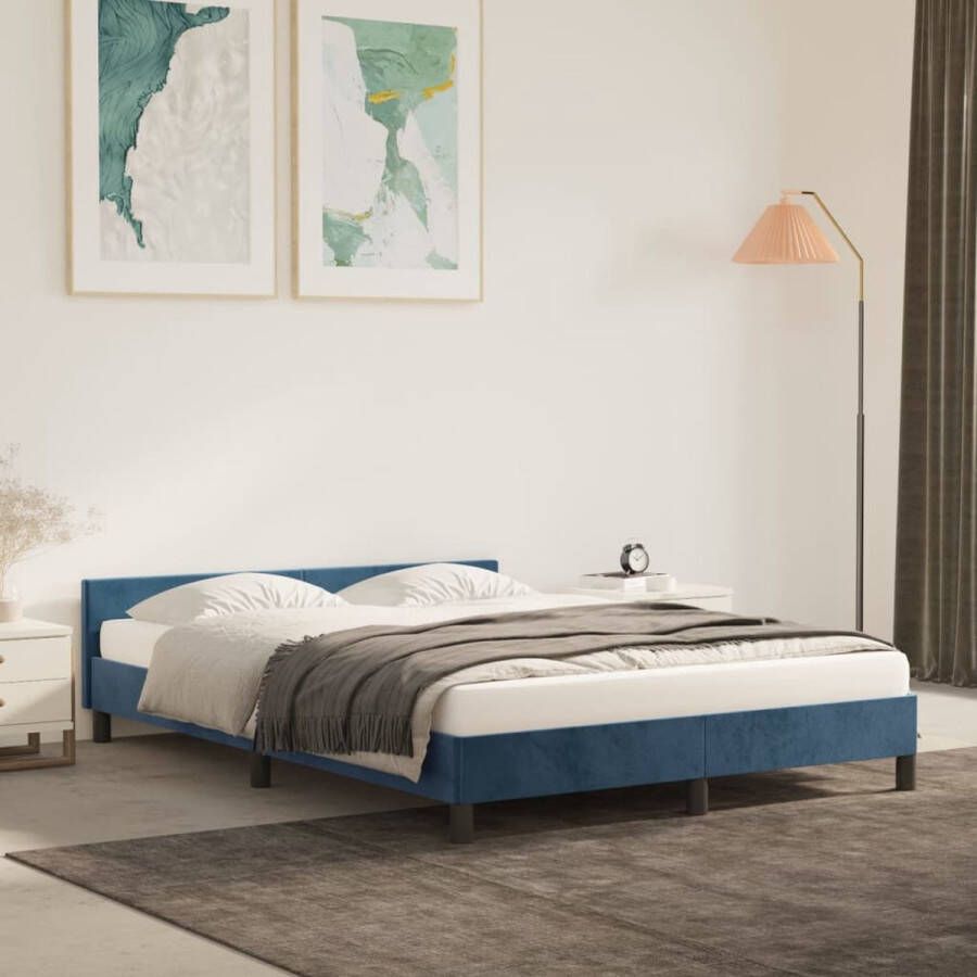 The Living Store Bedframe met hoofdeinde fluweel donkerblauw 140x190 cm Bed