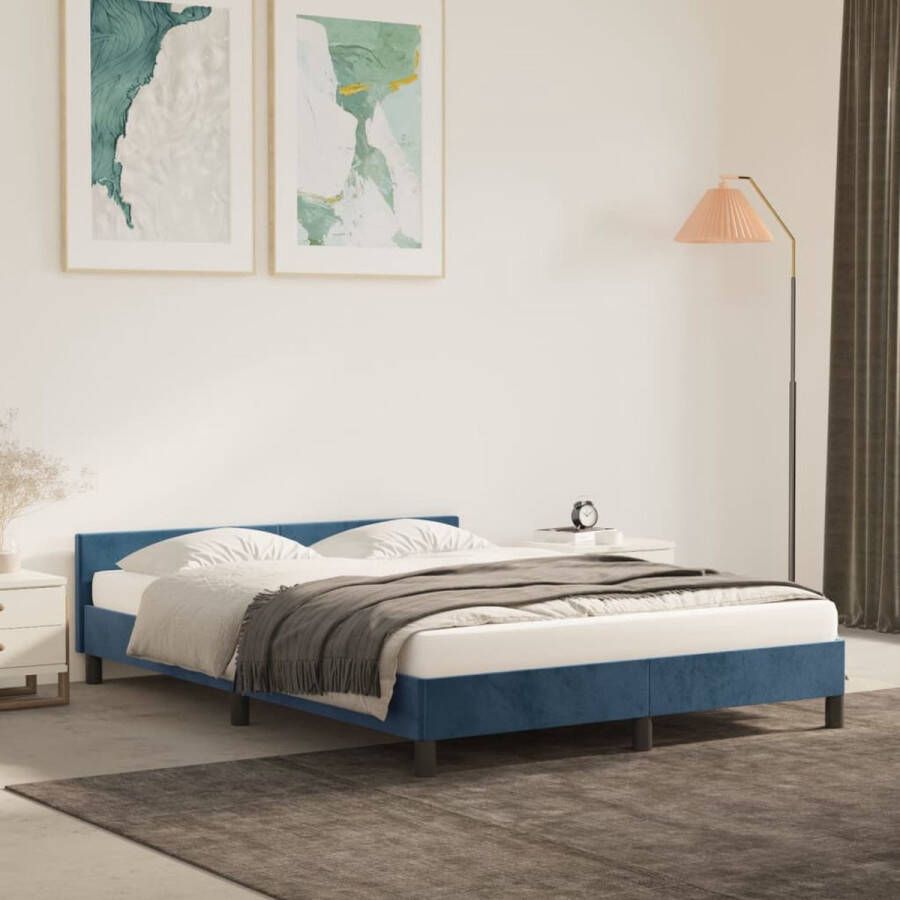 The Living Store Bedframe Donkerblauw Fluweel Ondersteunende poten Multiplex lattenbodem 193x143x50cm Geschikte matras- 140x190cm