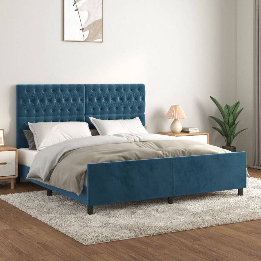 The Living Store Bedframe met hoofdeinde fluweel donkerblauw 180x200 cm Bed