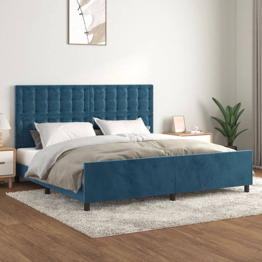 The Living Store Bedframe met hoofdeinde fluweel donkerblauw 200x200 cm Bed