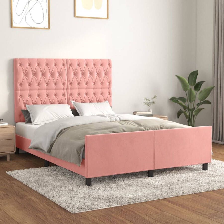 The Living Store Bedframe met hoofdeinde fluweel roze 140x200 cm Bed