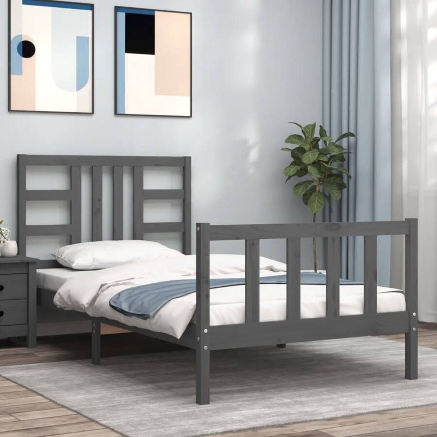 The Living Store Bedframe met hoofdeinde massief hout grijs 90x190 cm Bed