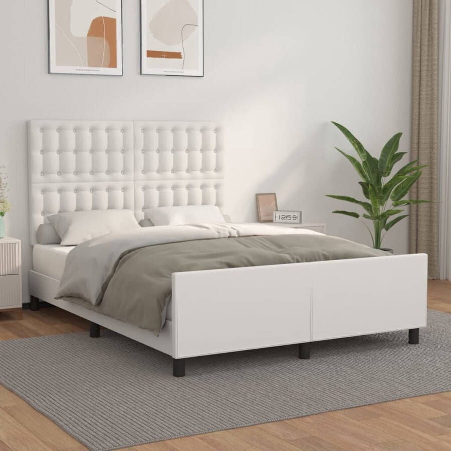 The Living Store Bedframe met hoofdbord kunstleer wit 140x200 cm Bedframe Slaapcomfort Hoofdbord Kunstleder Wit