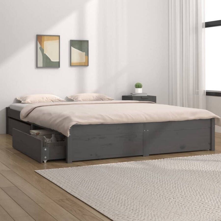 The Living Store Bedframe Massief Grenenhout 205.5 x 145.5 x 31 cm Met Opbergfunctie 4 Bedladen Grijs Bed Frame Hout Bedframe Grenenhout Bedframe Bed Met Laden Tweepersoons Bed