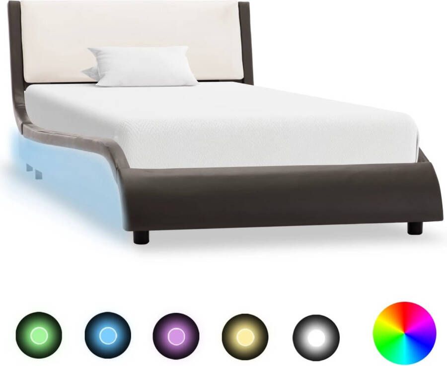 The Living Store Bedframe met LED kunstleer grijs en wit 90x200 cm Bed