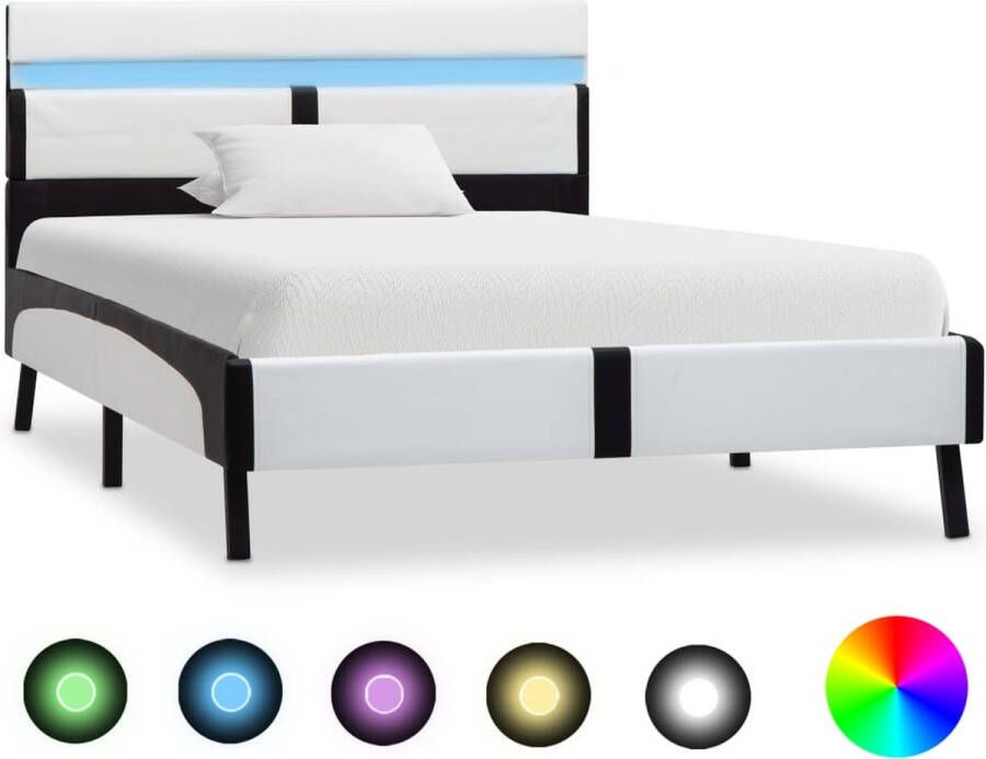 The Living Store Bedframe met LED kunstleer wit en zwart 90x200 cm Bedframe Bedframes Bed Bedden Eenpersoonsbed Eenpersoonsbedden Slaapkamermeubilair Slaapkamermeubel Slaapkamermeubels Slaapkamermeubelen Slaapmeubel