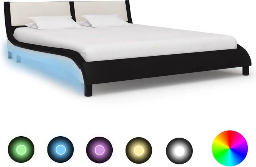 The Living Store Bedframe met LED kunstleer zwart en wit 180x200 cm Bed
