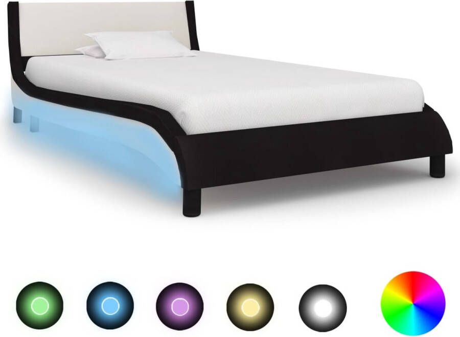 The Living Store Bedframe Zwart en Wit 229 x 100 x 68 cm Geschikt voor matras 90 x 200 cm Met comfortabel hoofdeinde en LED-strip