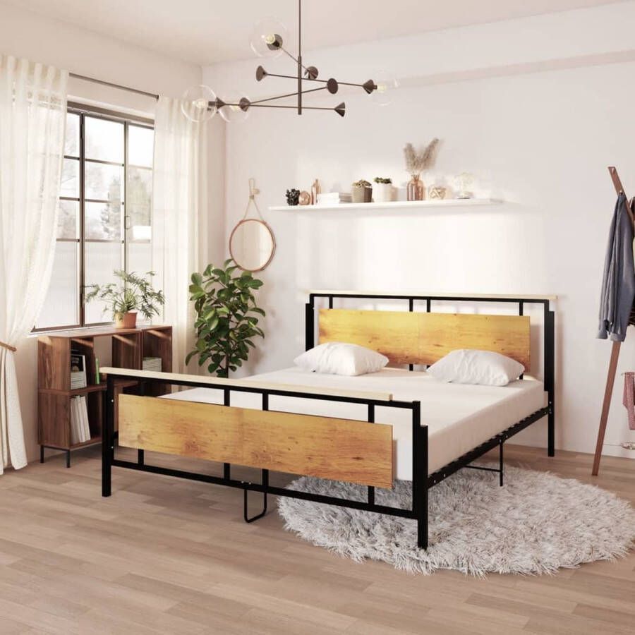 The Living Store Bedframe Eikenhout Metaal MDF 208.5 x 186 x 90 cm Zwart Metalen Bedframe Houten Bedframe Eikenhouten Bedframe Tweepersoons Bed Boxspring Bed